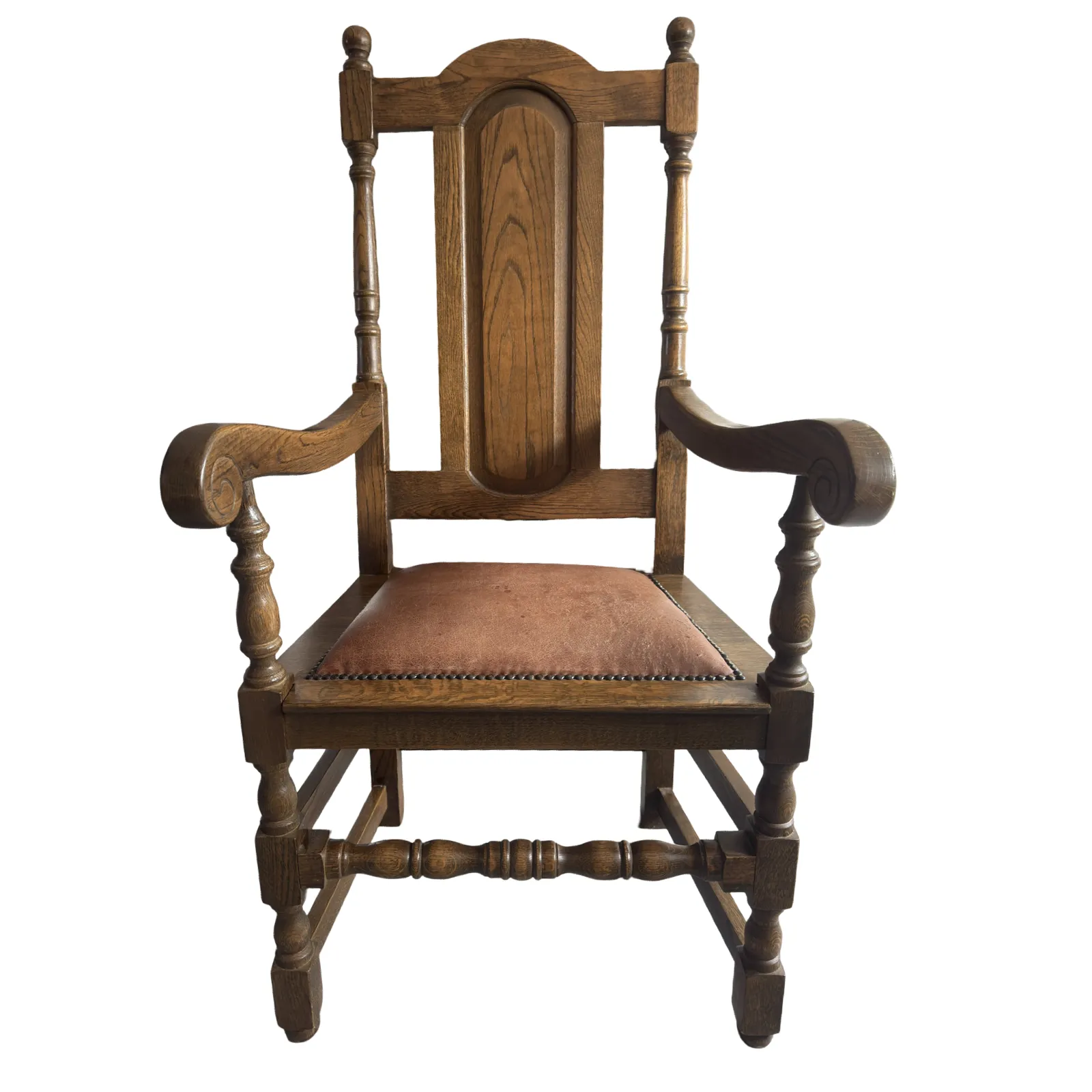 Set Of 2 Oak Panel Back Carver Dining Chair With Armrests Dark Brown Antique Style photo vinterior