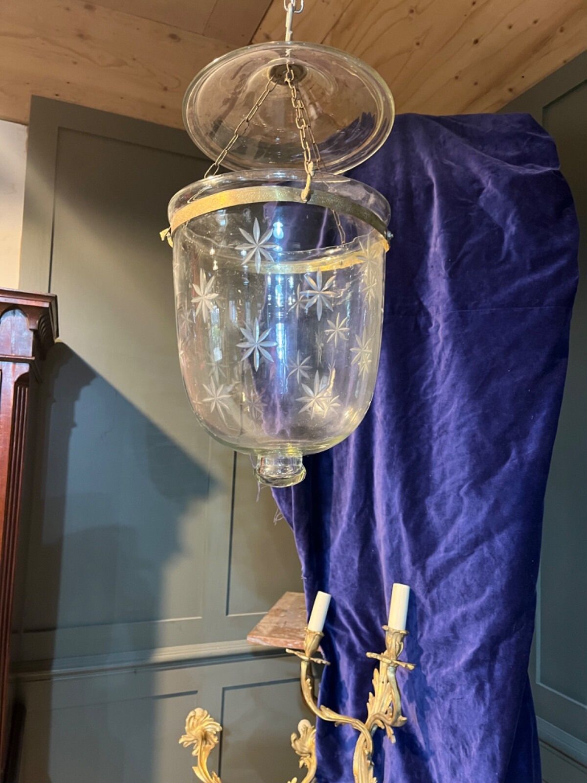 Vintage/Antique Hall Lantern Glass Hundi Lantern Bell Jar Lantern Cut Glass Star photo for sale