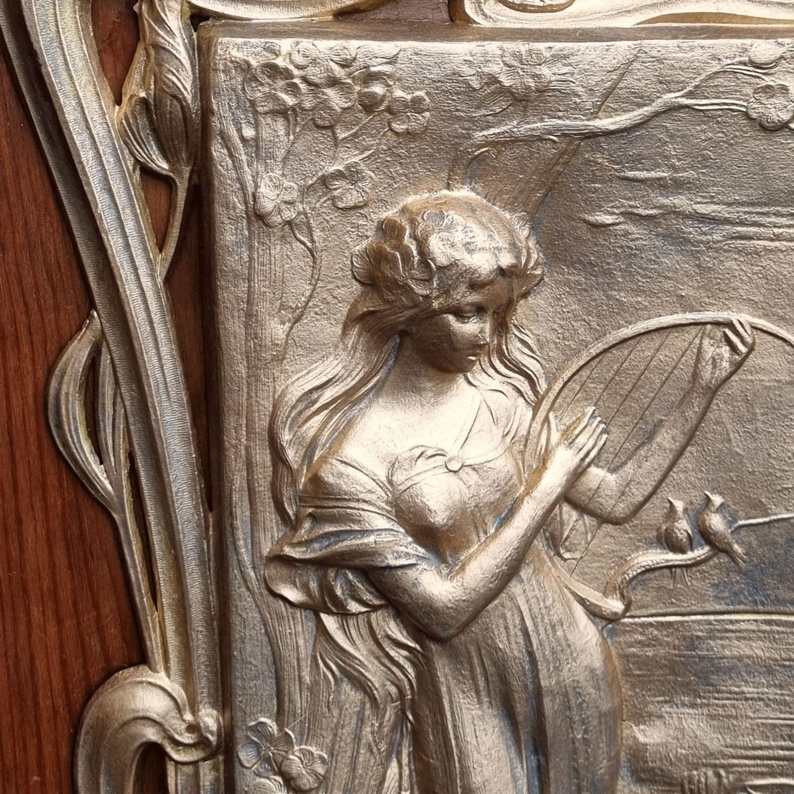 Pair Of Art Nouveau Gilded Pewter Plaques In Frames  Lovely Quality  C1895 43cmh photo 845.0