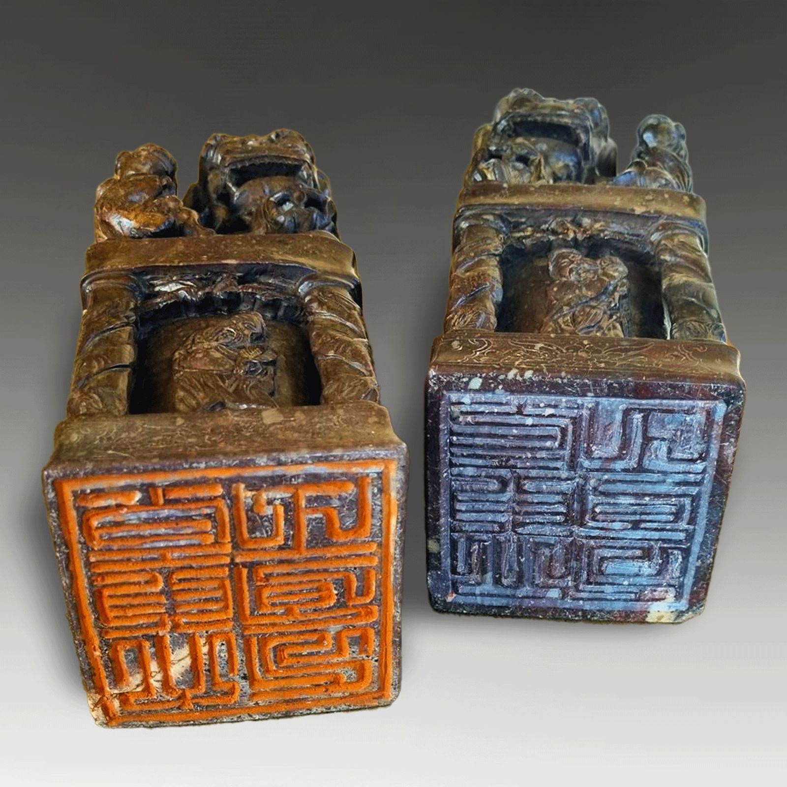 Antique Pair Chinese Carved Stone Seals "Buddhist Lions" C1820  Superb Quality photo buy