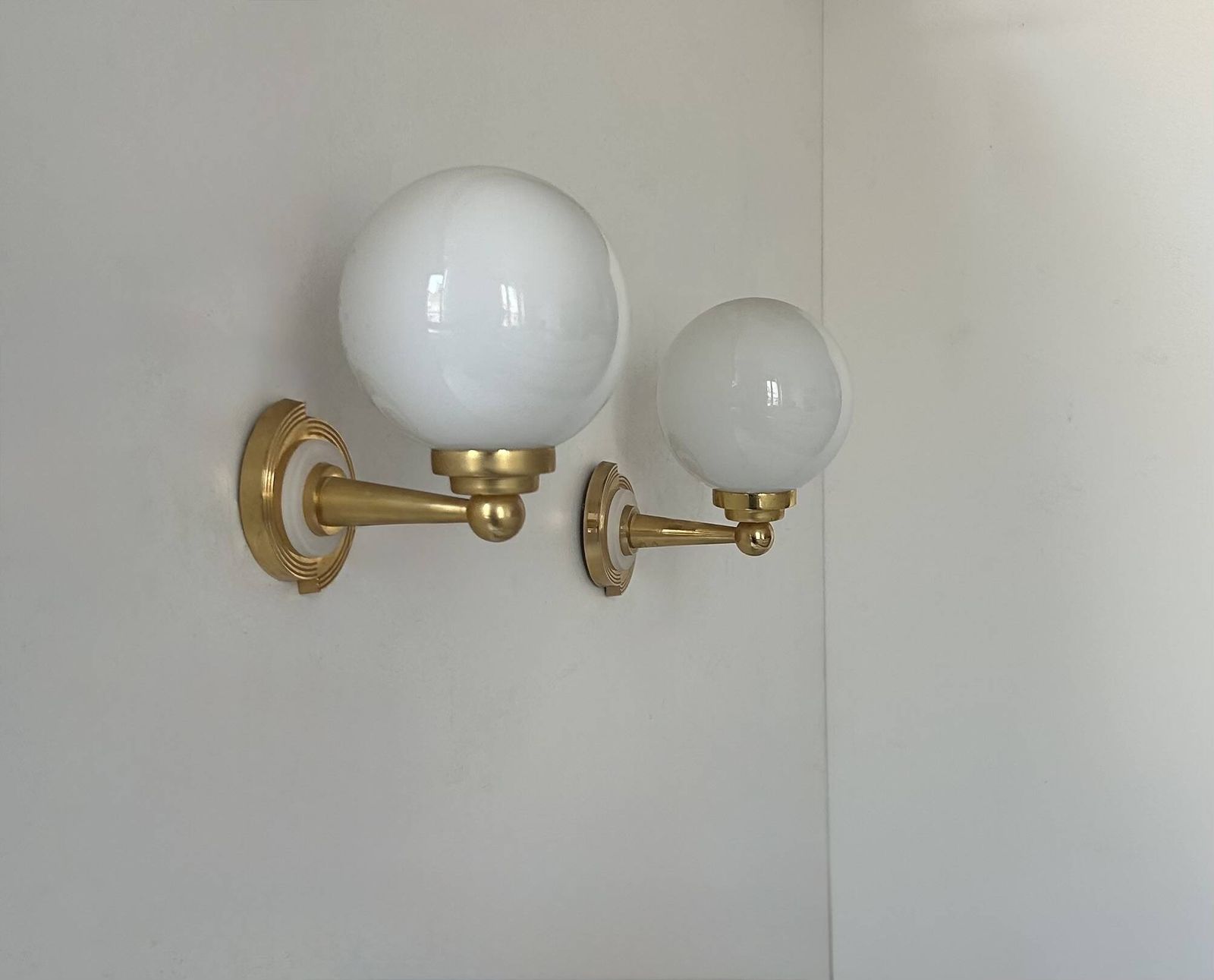 Pair Of Vintage Wall Lights, Brass And Opaline, France, 1980 photo for sale