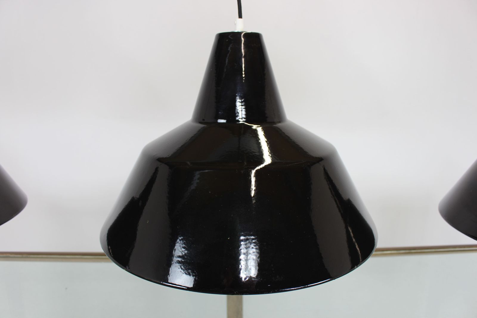 Set Of 3 Large Mid Century Enamelled Metal Industrial Lamps photo vintage