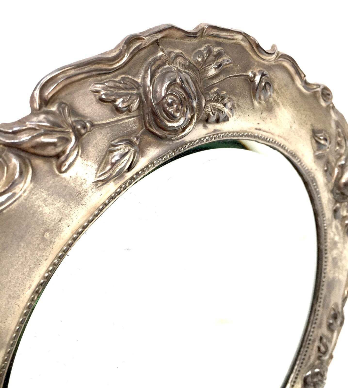 Antique Silverplated Tabletop Round Mirror Victorian Rococo Revival With Rose photo furniture
