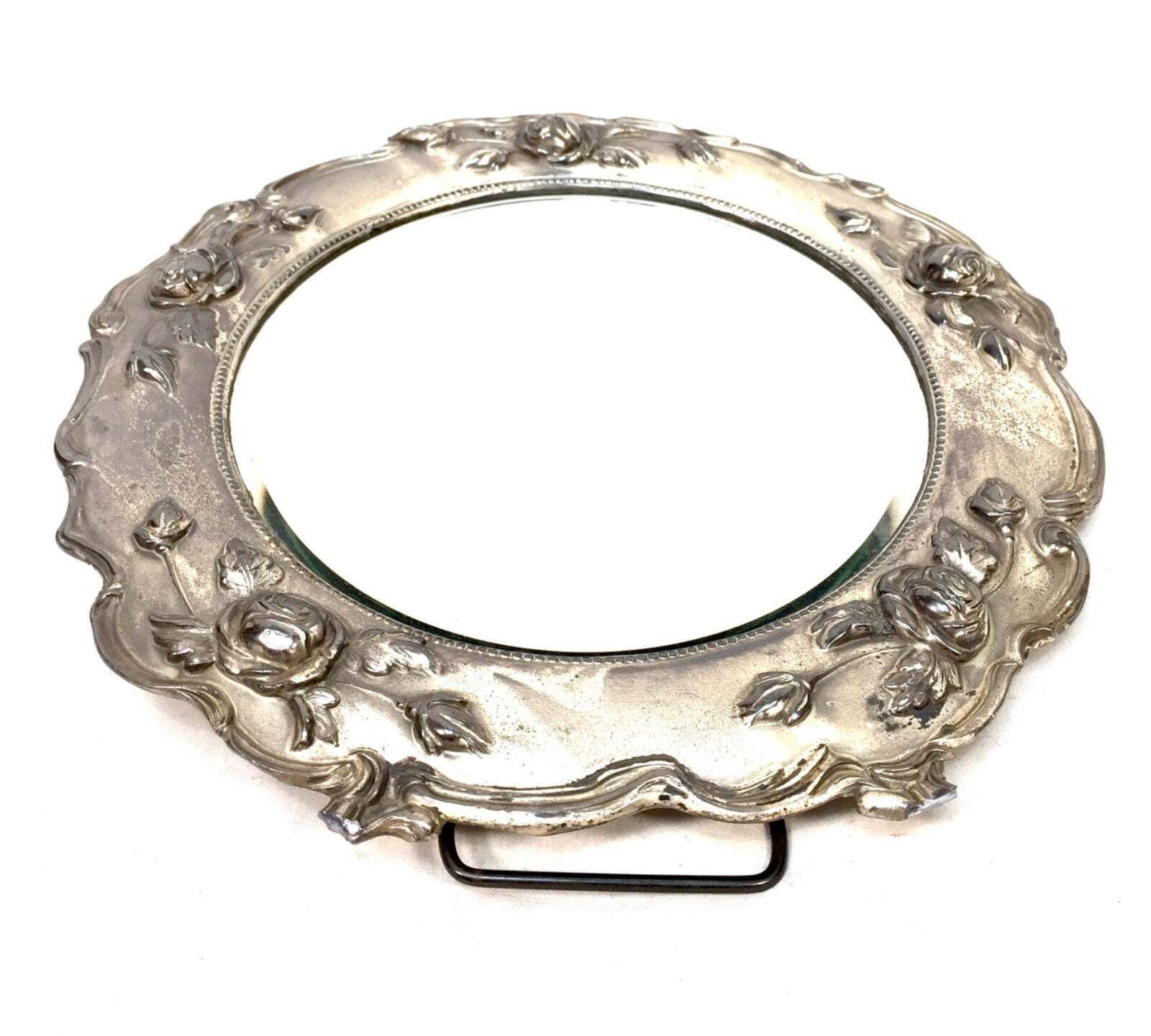 Antique Silverplated Tabletop Round Mirror Victorian Rococo Revival With Rose photo for sale