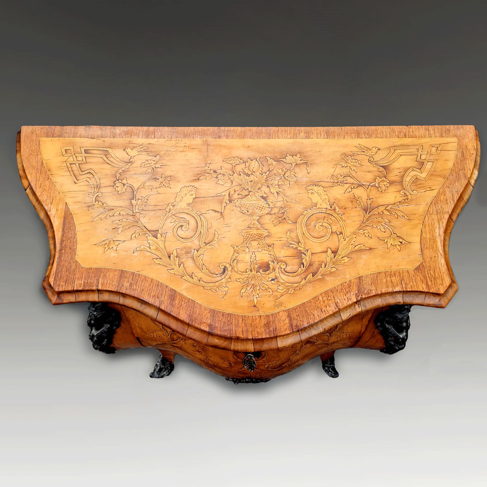 Venetian Serpentine Marquetry Cabinet With Dark Bronze Ormolu Mounts Circa 1820 photo for sale