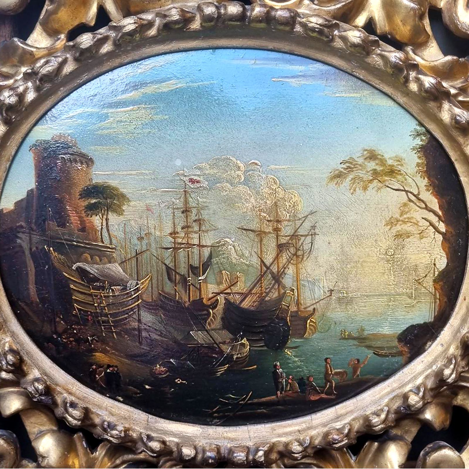 Follower Of Salvator Rosa (1615 1673) Habour Scene At Sunset   Oil On Board photo furniture