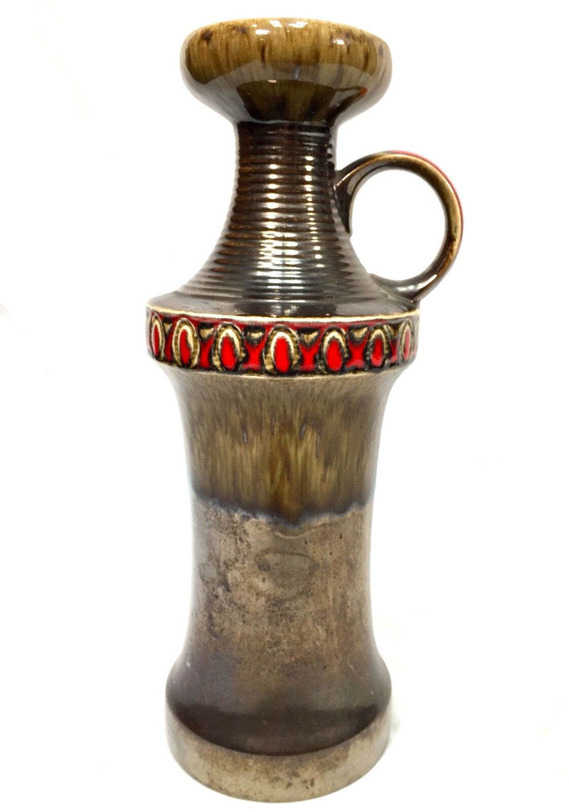 Vintage Large West German Jasba Pottery Vase Jug / Retro 1970s / Brown & Red