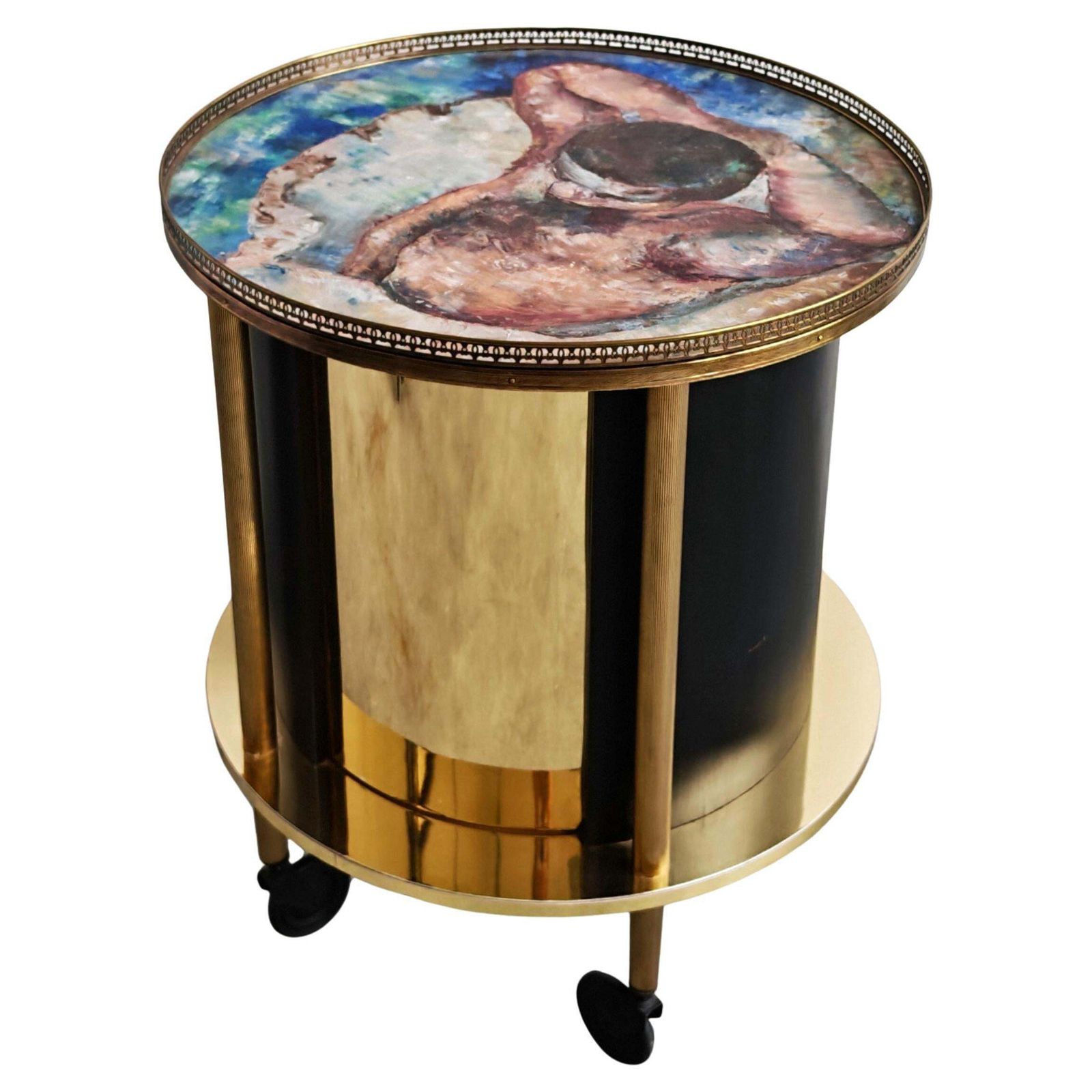 Round Hollywood Regency Brass Bar Cart With An Oil Painting On Top, Italy 1960s