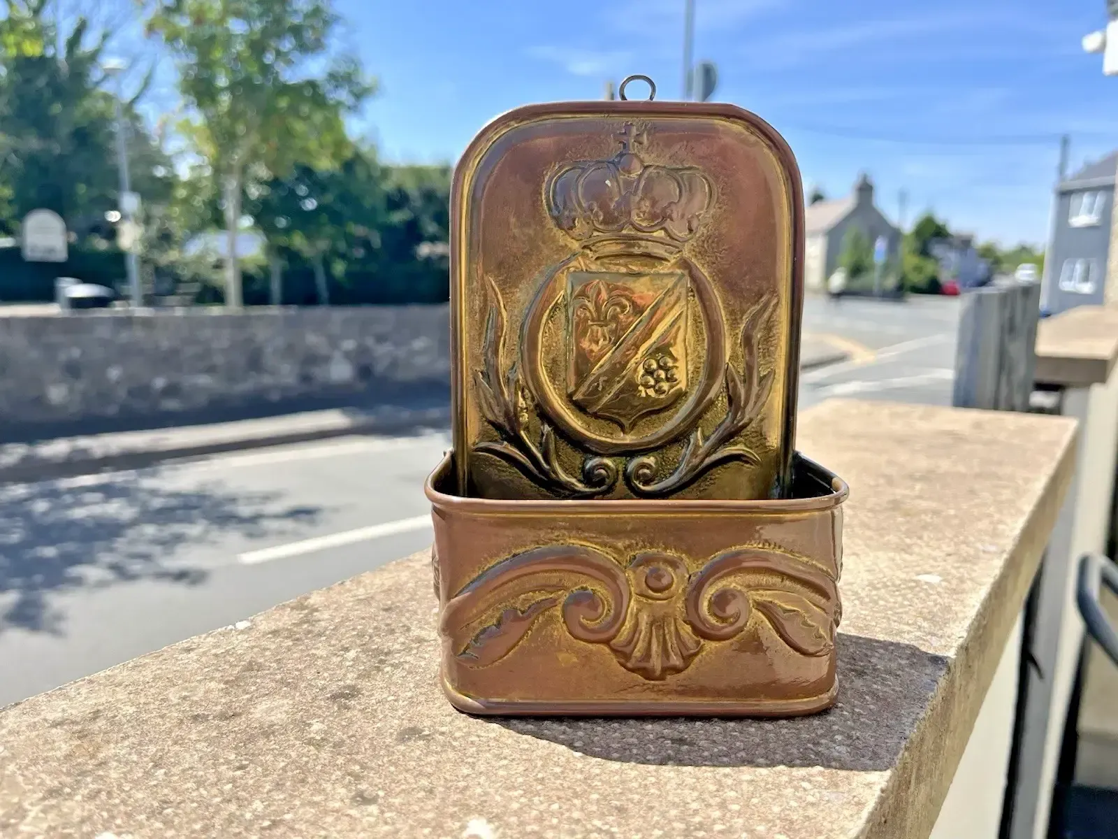 Antique French 19th Century Brass Fireside Candle Box Heraldic Crown Shield