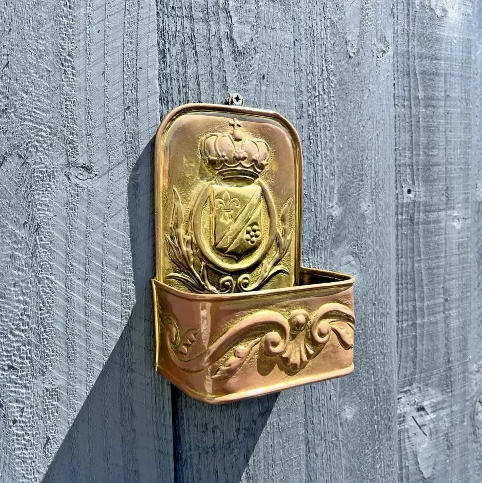 Antique French 19th Century Brass Fireside Candle Box Heraldic Crown Shield photo for sale