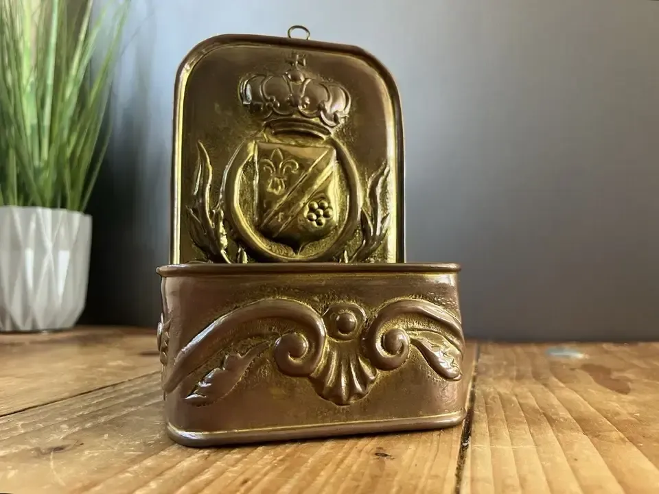 photo for sale Antique French 19th Century Brass Fireside Candle Box Heraldic Crown Shield
