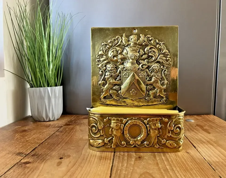 Antique Dutch 19th Century Brass Fireside Candle Box Armour Knight Shield Lions photo for sale