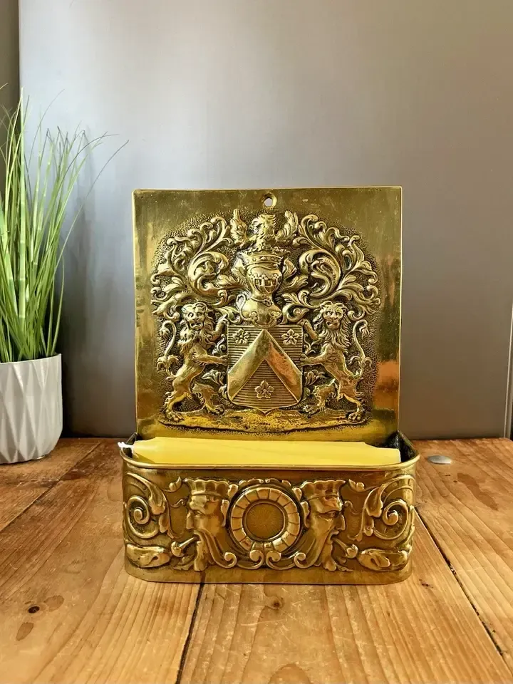 Antique Dutch 19th Century Brass Fireside Candle Box Armour Knight Shield Lions photo Home Decor