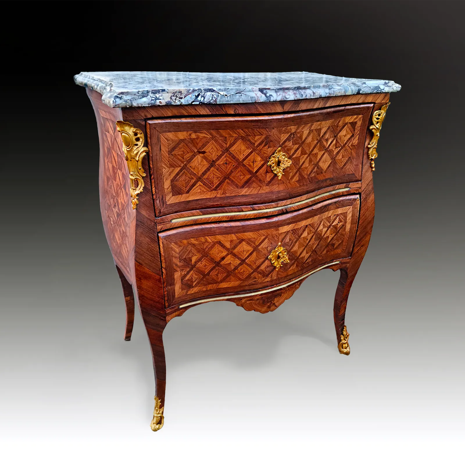 Louis XV Parquetry French Kingwood Commode, Gilt Bronze Mounts photo for sale
