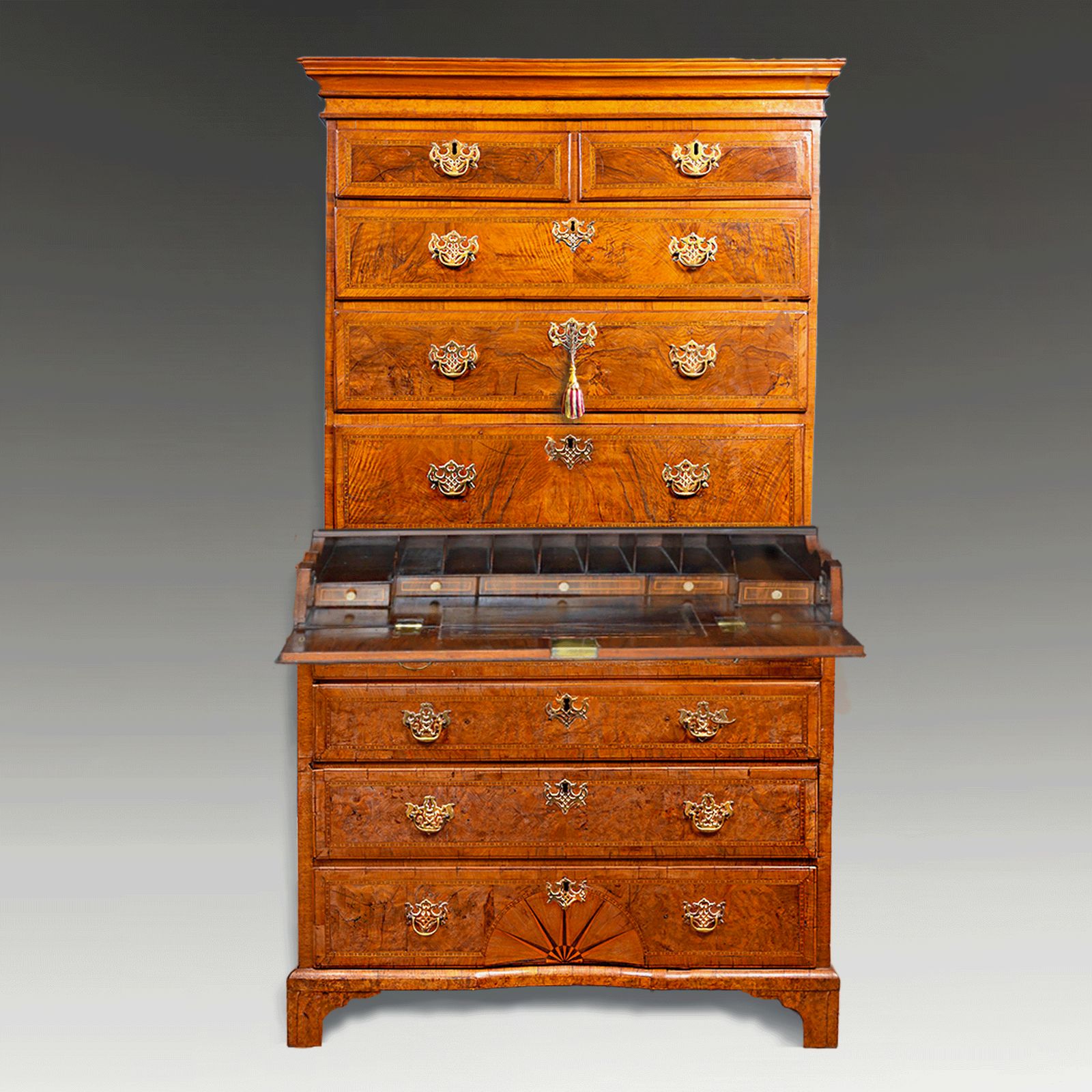 A George I Burr And Figured Walnut Secretaire Chest On Chest Circa 1720
