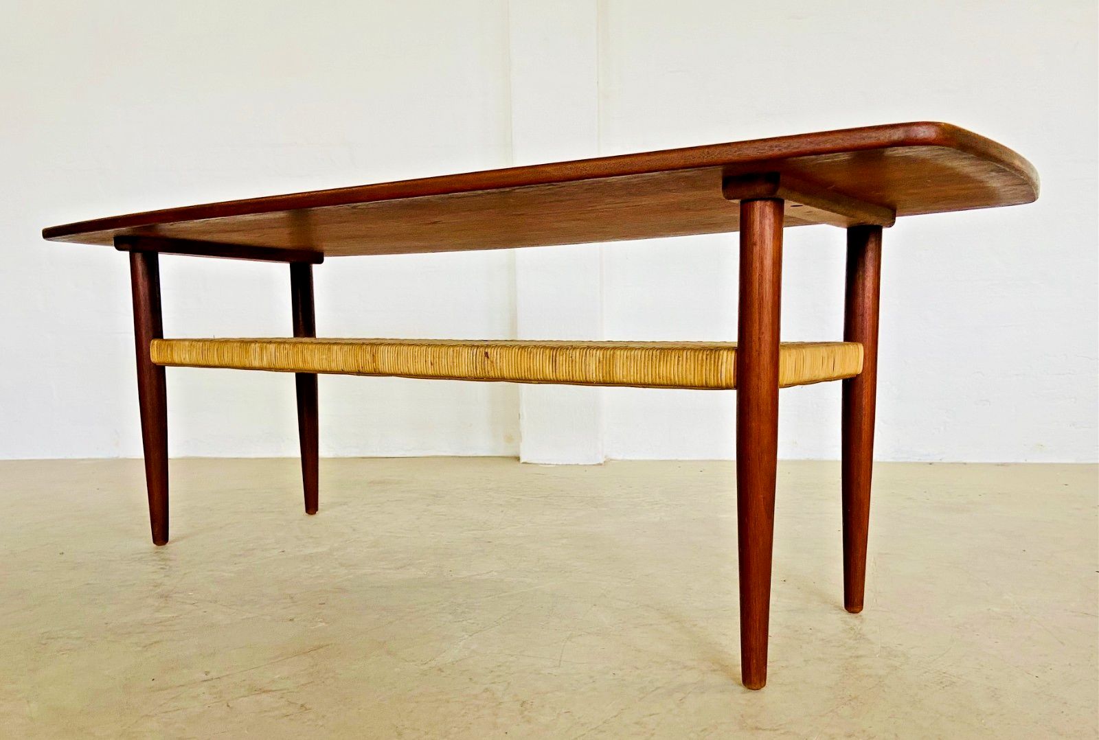 photo for sale Vintage Danish Mid Century Teak And Rattan  Coffee Table 1960,S