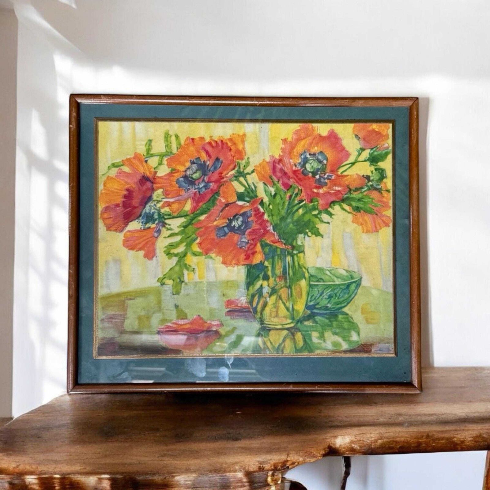 Vintage Framed Floral Watercolour Painting: Poppies, Signed Artwork.