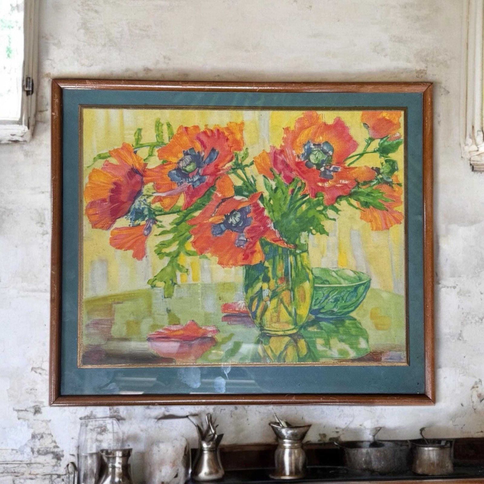 Vintage Framed Floral Watercolour Painting: Poppies, Signed Artwork. photo for sale