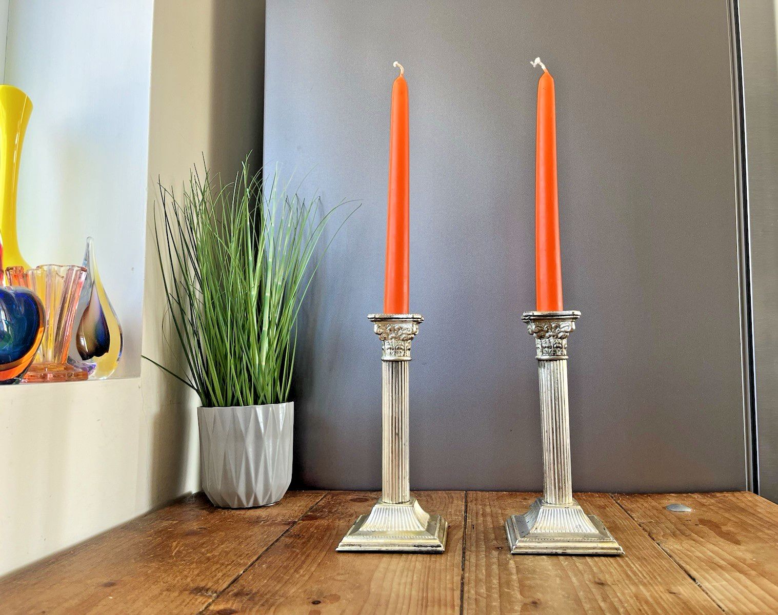 Pair Of 8.25" Antique Epns Corinthian Column Pillar Candlesticks Candle Holders photo for sale