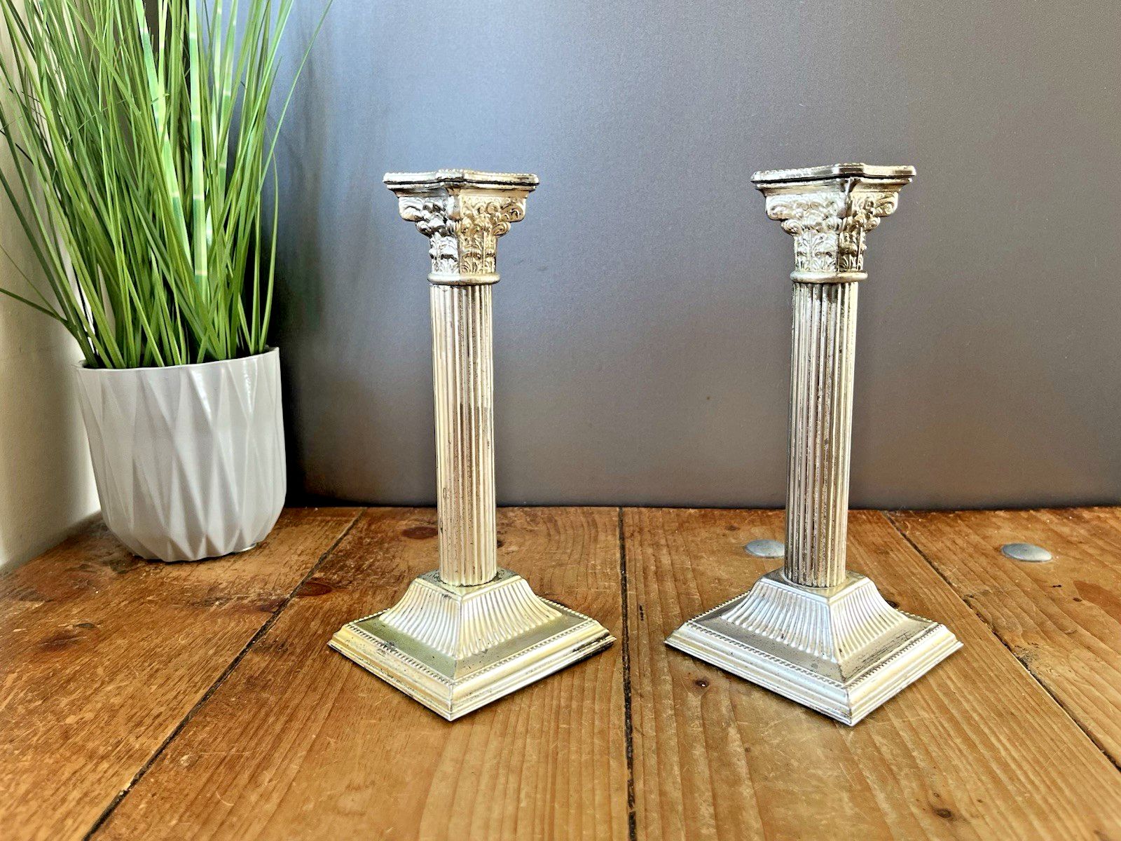 Pair Of 8.25" Antique Epns Corinthian Column Pillar Candlesticks Candle Holders photo 99.0