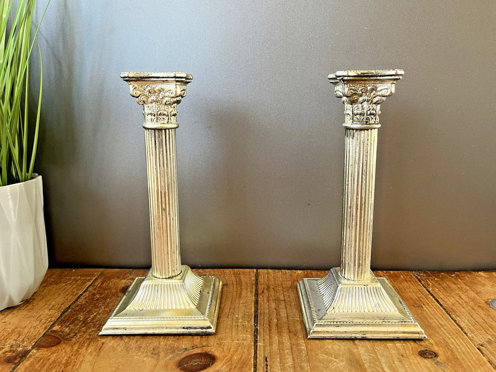 Pair Of 8.25" Antique Epns Corinthian Column Pillar Candlesticks Candle Holders photo vintage