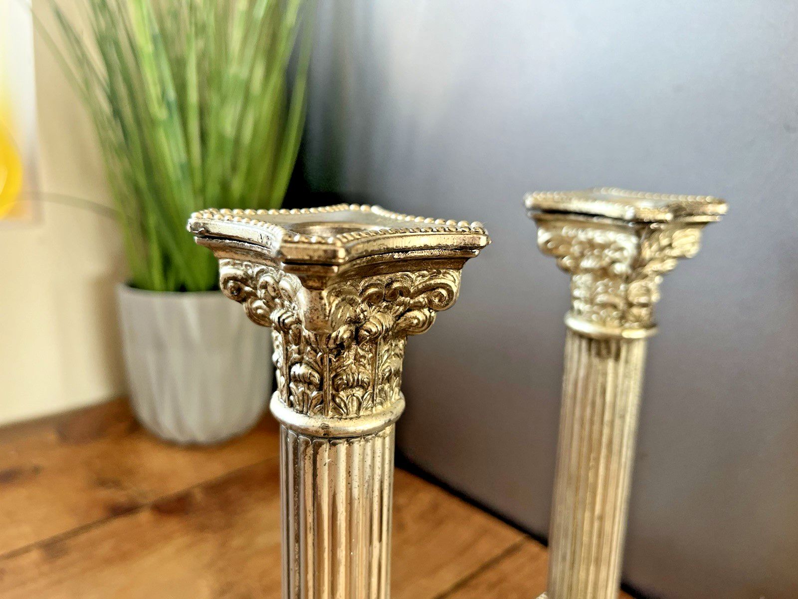 photo buy Pair Of 8.25" Antique Epns Corinthian Column Pillar Candlesticks Candle Holders