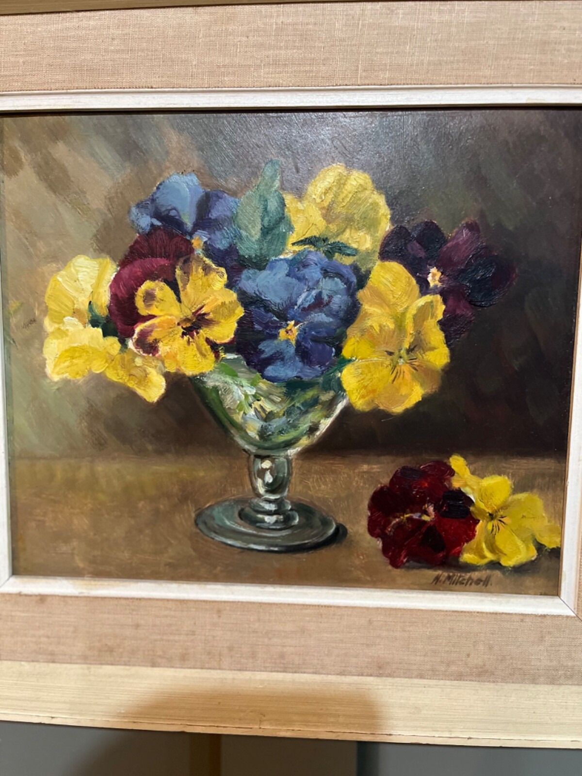 Vintage Oil Painting Signed By Artist N. Mitchell Still Life Pansies photo for sale