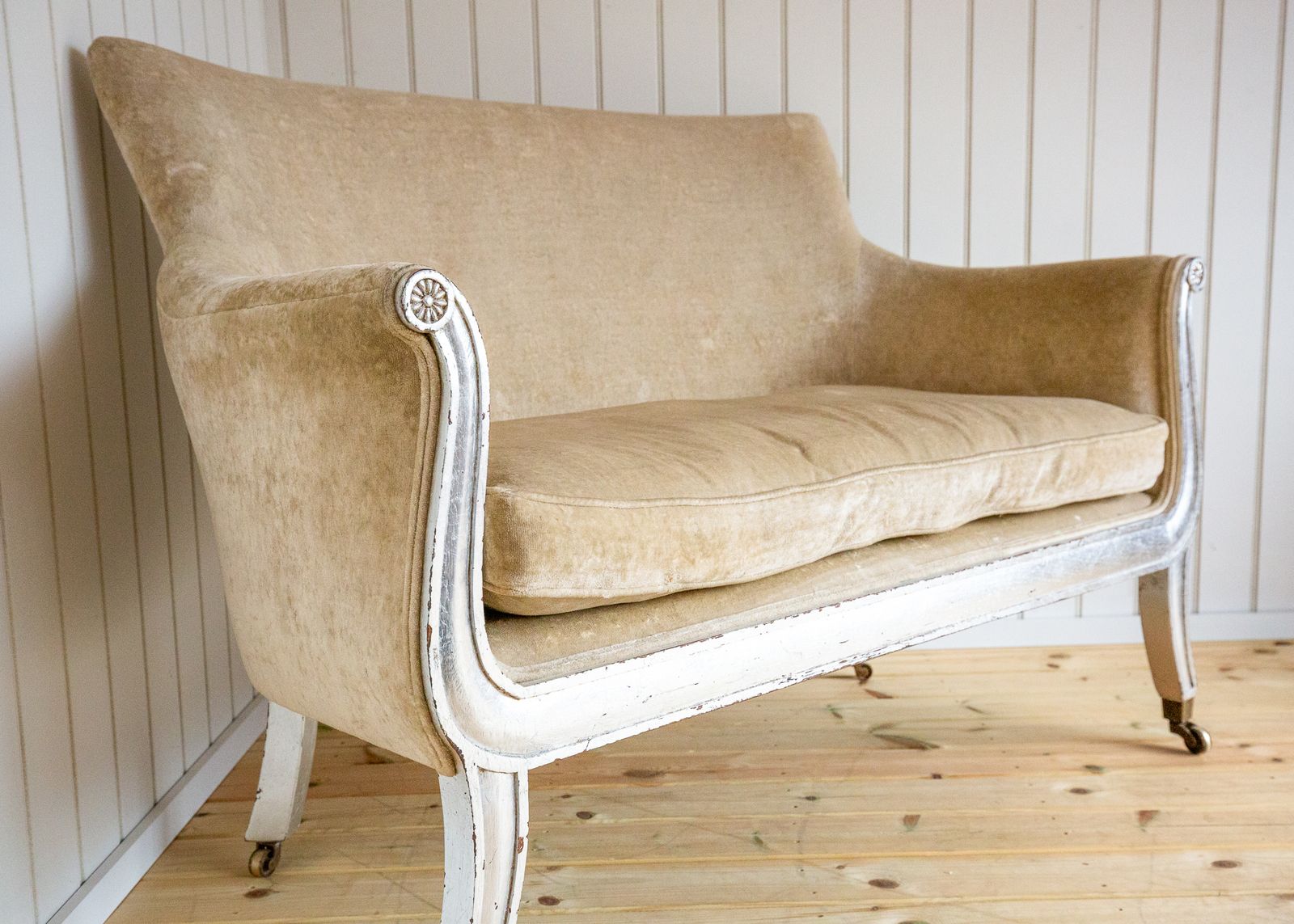 French Restauration Period Sofa 2 Seater Luxury Champagne Crushed Velvet Biedermeier Charles X Restoration Period Antique Silver Sleigh Scrolled 1830 photo vinterior