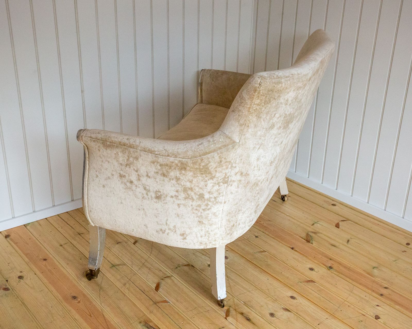 photo furniture French Restauration Period Sofa 2 Seater Luxury Champagne Crushed Velvet Biedermeier Charles X Restoration Period Antique Silver Sleigh Scrolled 1830