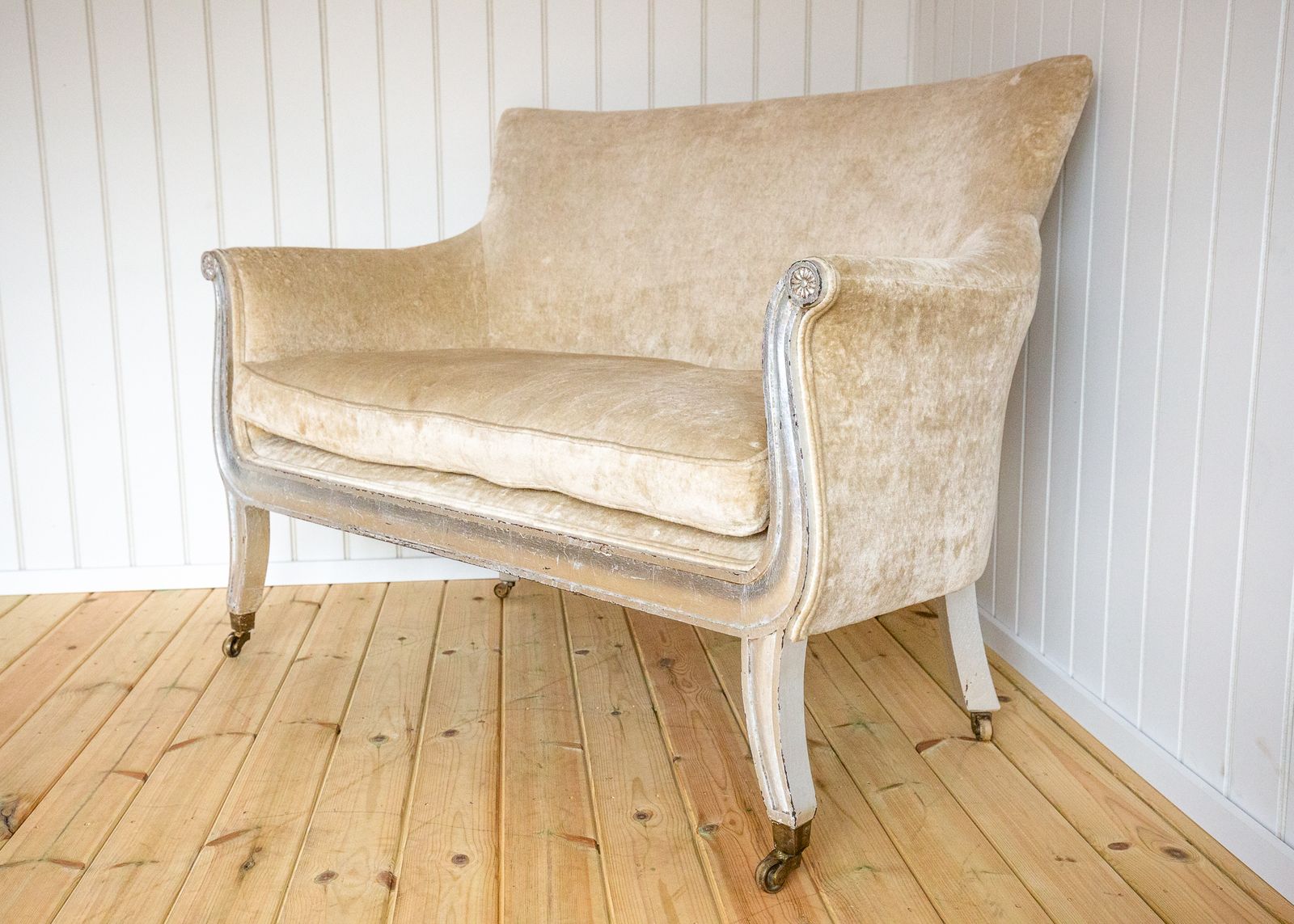 photo for sale French Restauration Period Sofa 2 Seater Luxury Champagne Crushed Velvet Biedermeier Charles X Restoration Period Antique Silver Sleigh Scrolled 1830