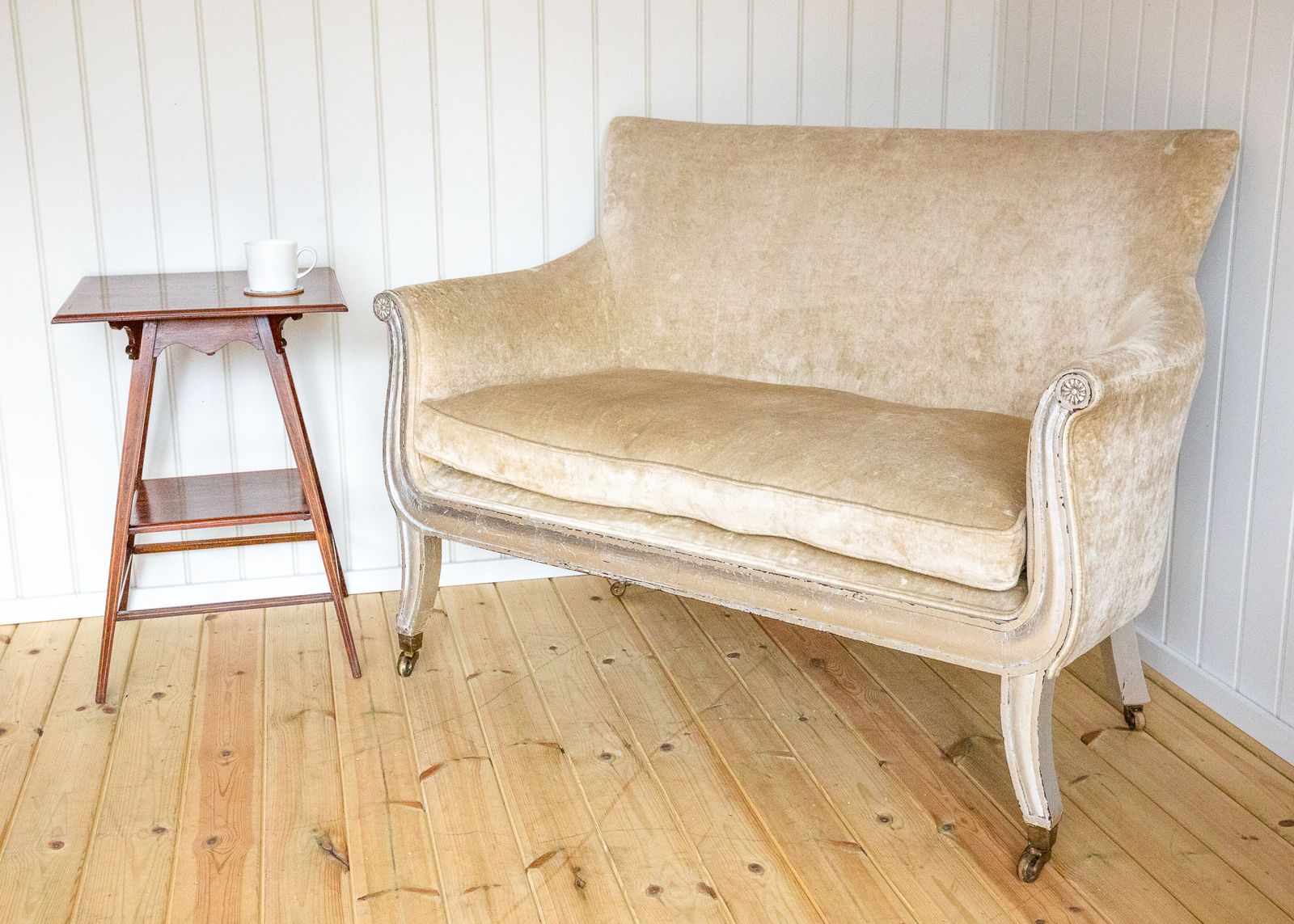 4950.0 French Restauration Period Sofa 2 Seater Luxury Champagne Crushed Velvet Biedermeier Charles X Restoration Period Antique Silver Sleigh Scrolled 1830 photo