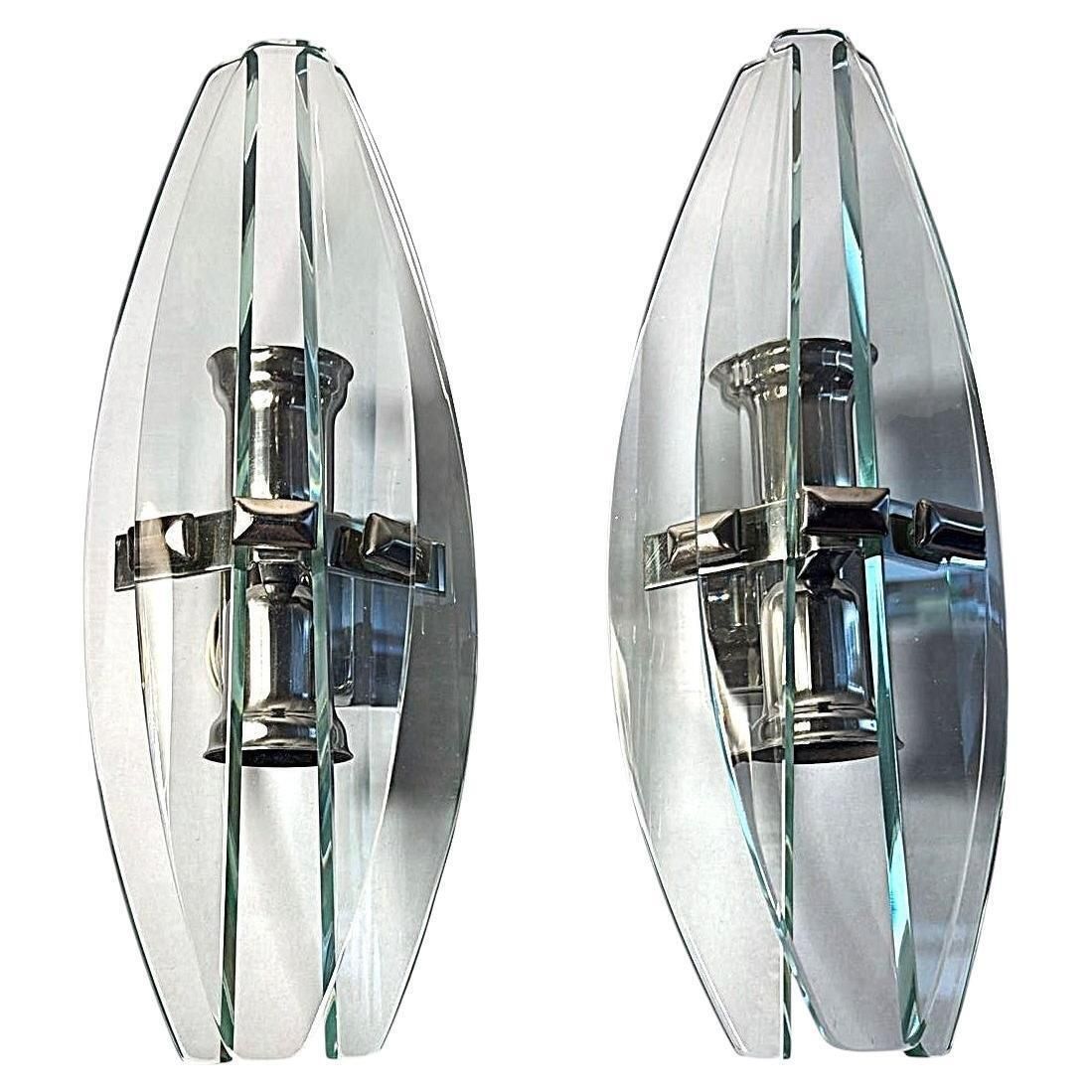 Italian Pair Of Wall Sconces Space Age Style Metal And Tempered Crystal