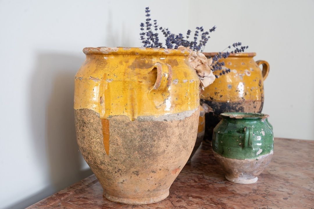 A Pair Of Yellow Glazed Antique Confit Pots photo Home Decor