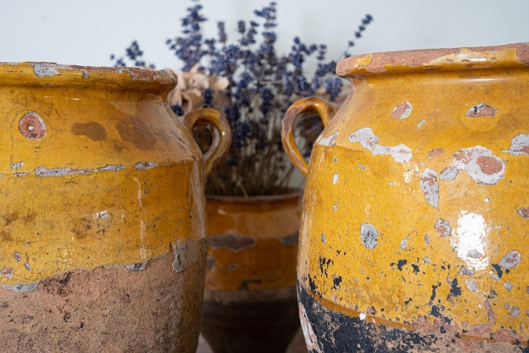 A Pair Of Yellow Glazed Antique Confit Pots photo 385.0