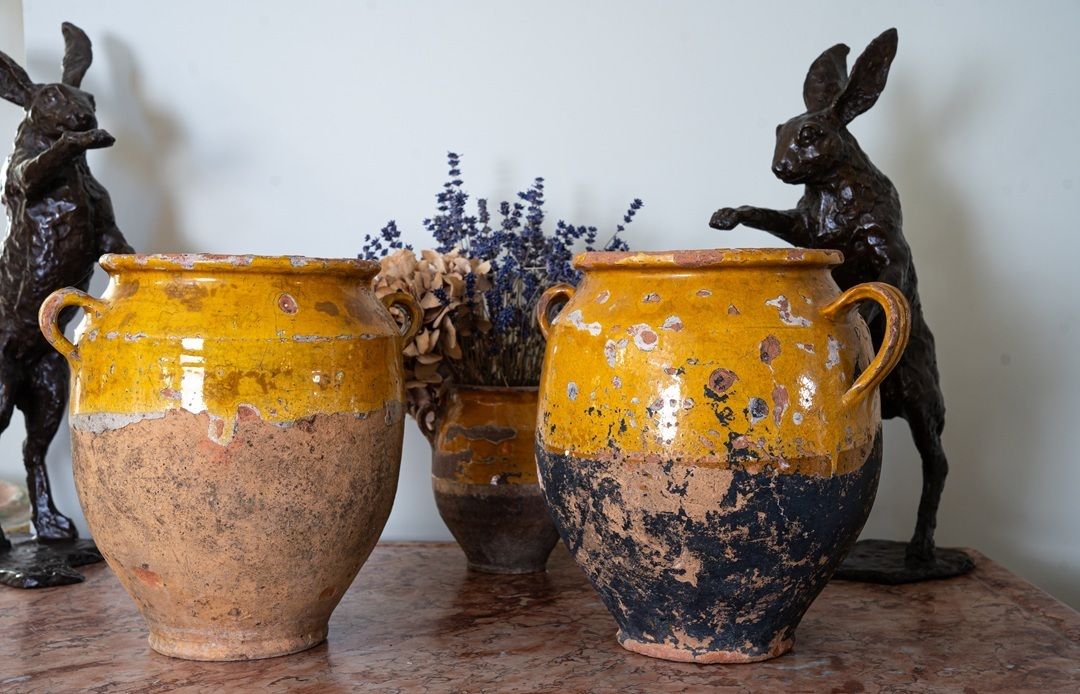 A Pair Of Yellow Glazed Antique Confit Pots photo buy