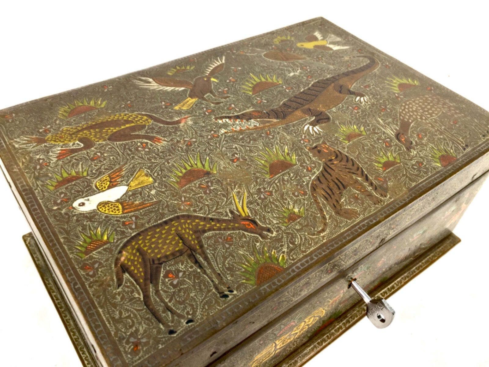 Antique Eastern Kashmiri Brass & Enamel Humidor Storage Box With Key Cedar Wood photo for sale