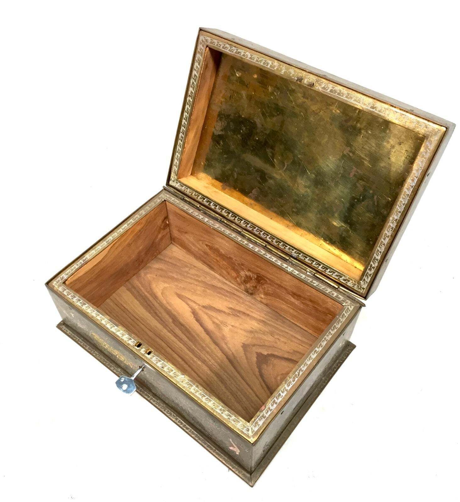 Antique Eastern Kashmiri Brass & Enamel Humidor Storage Box With Key Cedar Wood photo buy
