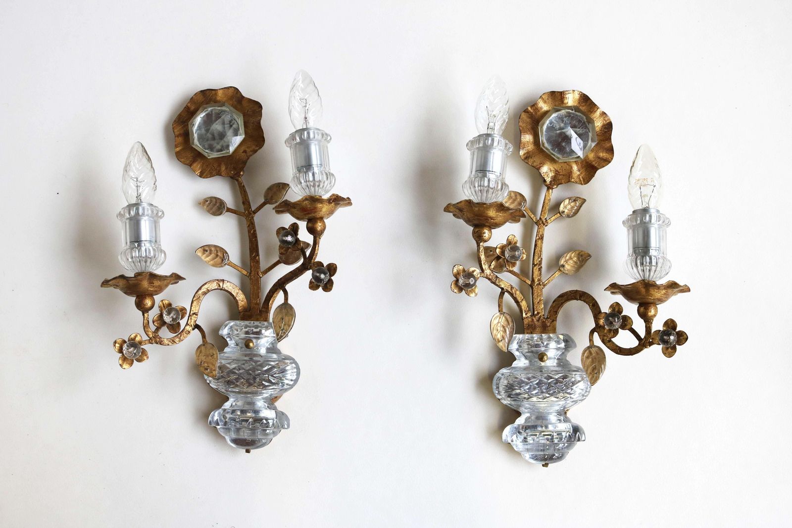Rare Maison Baguès Set Of Two Gilt ‘Rose’ Scones French Crystal Wall Lamps 1960s photo furniture