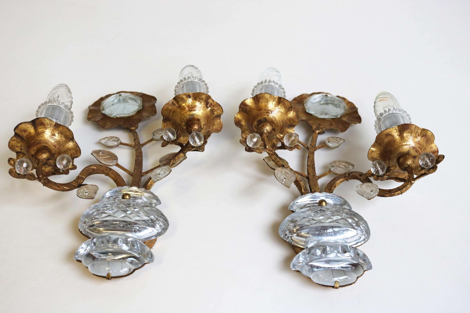 photo furniture Rare Maison Baguès Set Of Two Gilt ‘Rose’ Scones French Crystal Wall Lamps 1960s