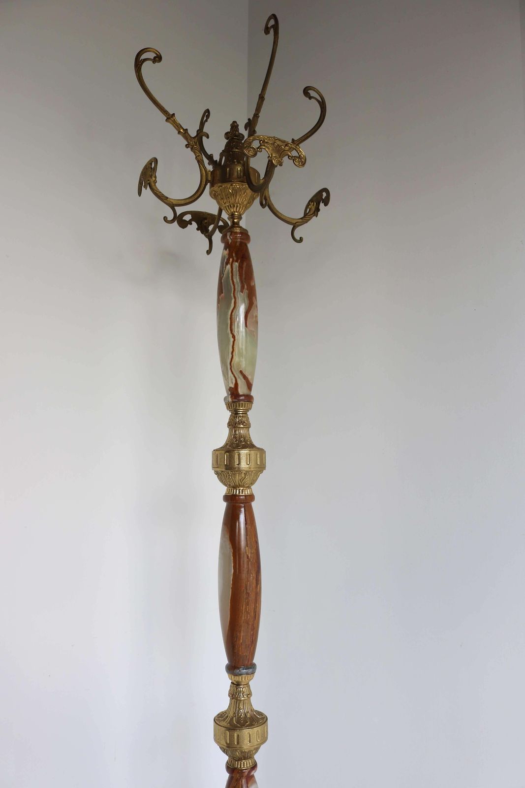 Italian Ornate Antique Brass & Onyx Brown Marble Coat Hat Rack Hall Tree, 1950s photo Furniture