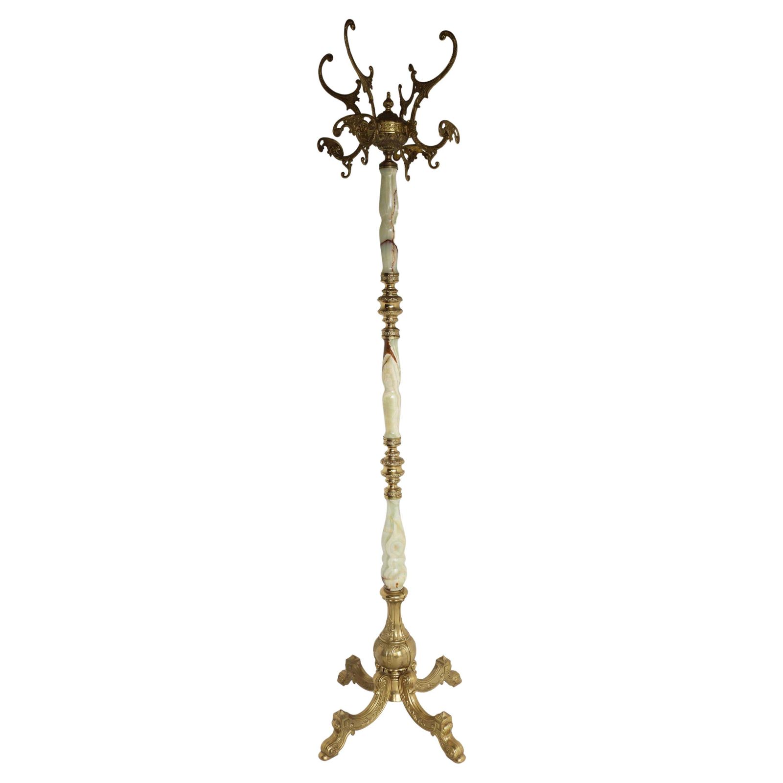 Italian Ornate Antique Brass & Onyx Round Marble Coat Hat Rack Hall Tree 1950s photo furniture
