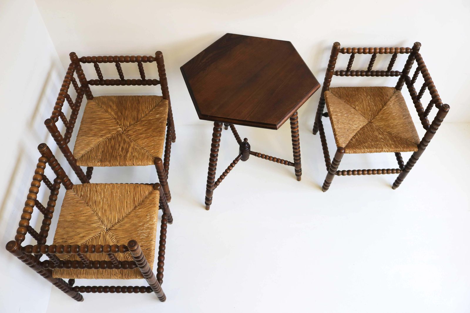 Antique Set , Three Rush Seat Oak Corner Bobbin Side Knitting Chairs With Table photo for sale