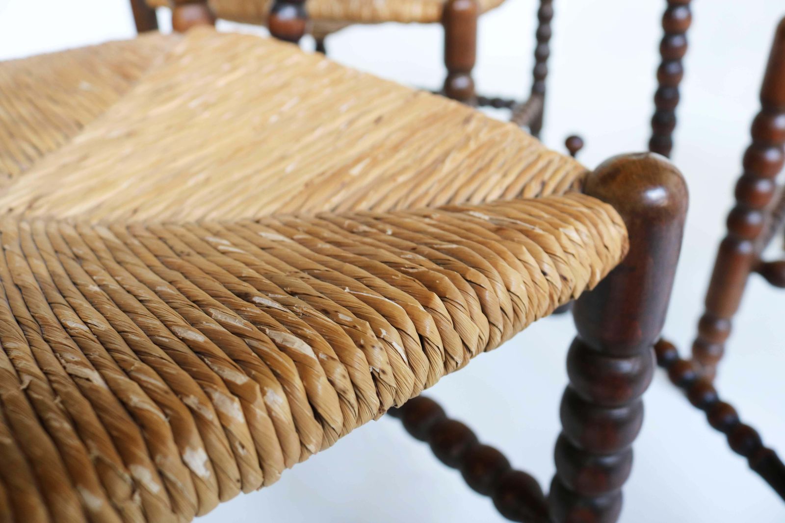 Antique Set , Three Rush Seat Oak Corner Bobbin Side Knitting Chairs With Table photo vinterior