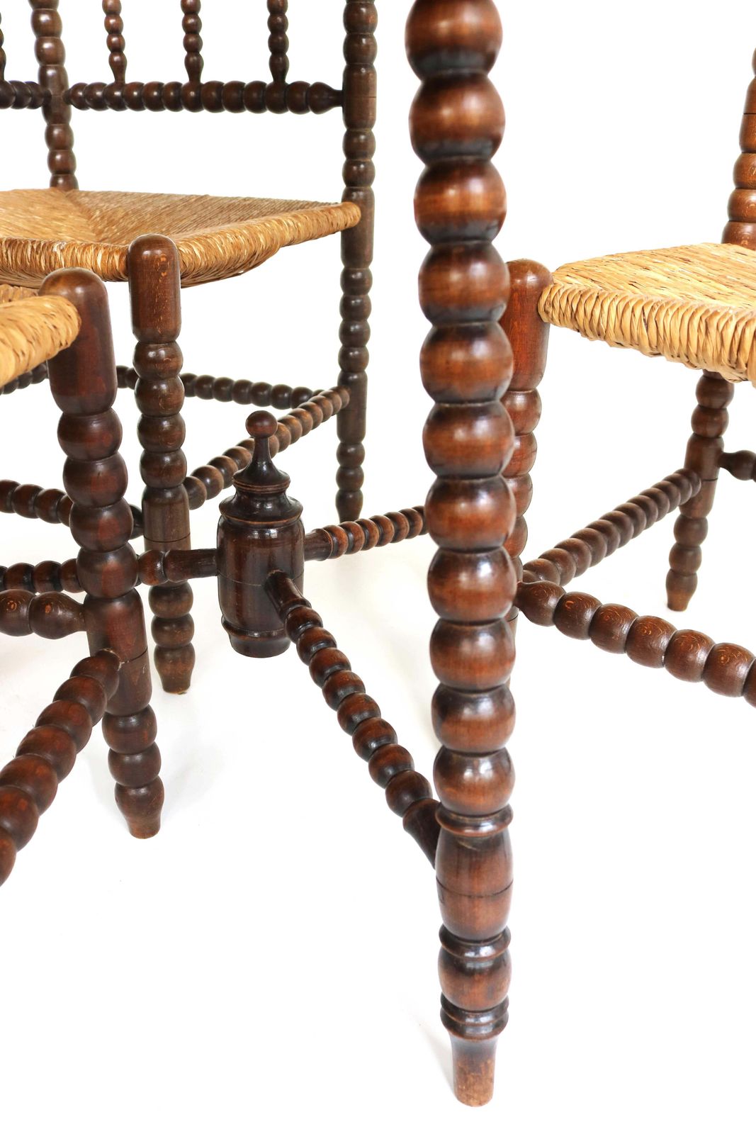 Antique Set , Three Rush Seat Oak Corner Bobbin Side Knitting Chairs With Table photo vintage