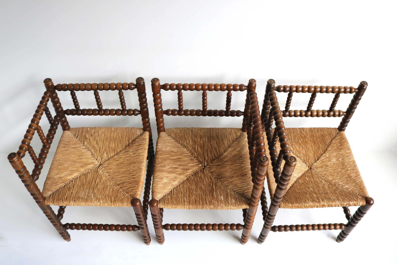 2662.0 Antique Set , Three Rush Seat Oak Corner Bobbin Side Knitting Chairs With Table photo