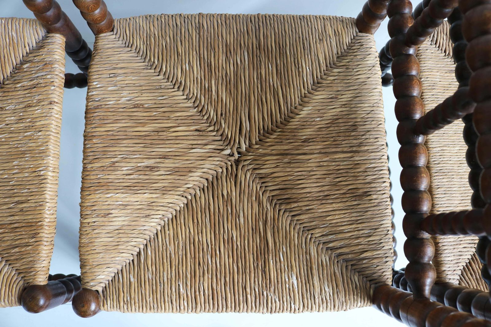 photo buy Antique Set , Three Rush Seat Oak Corner Bobbin Side Knitting Chairs With Table