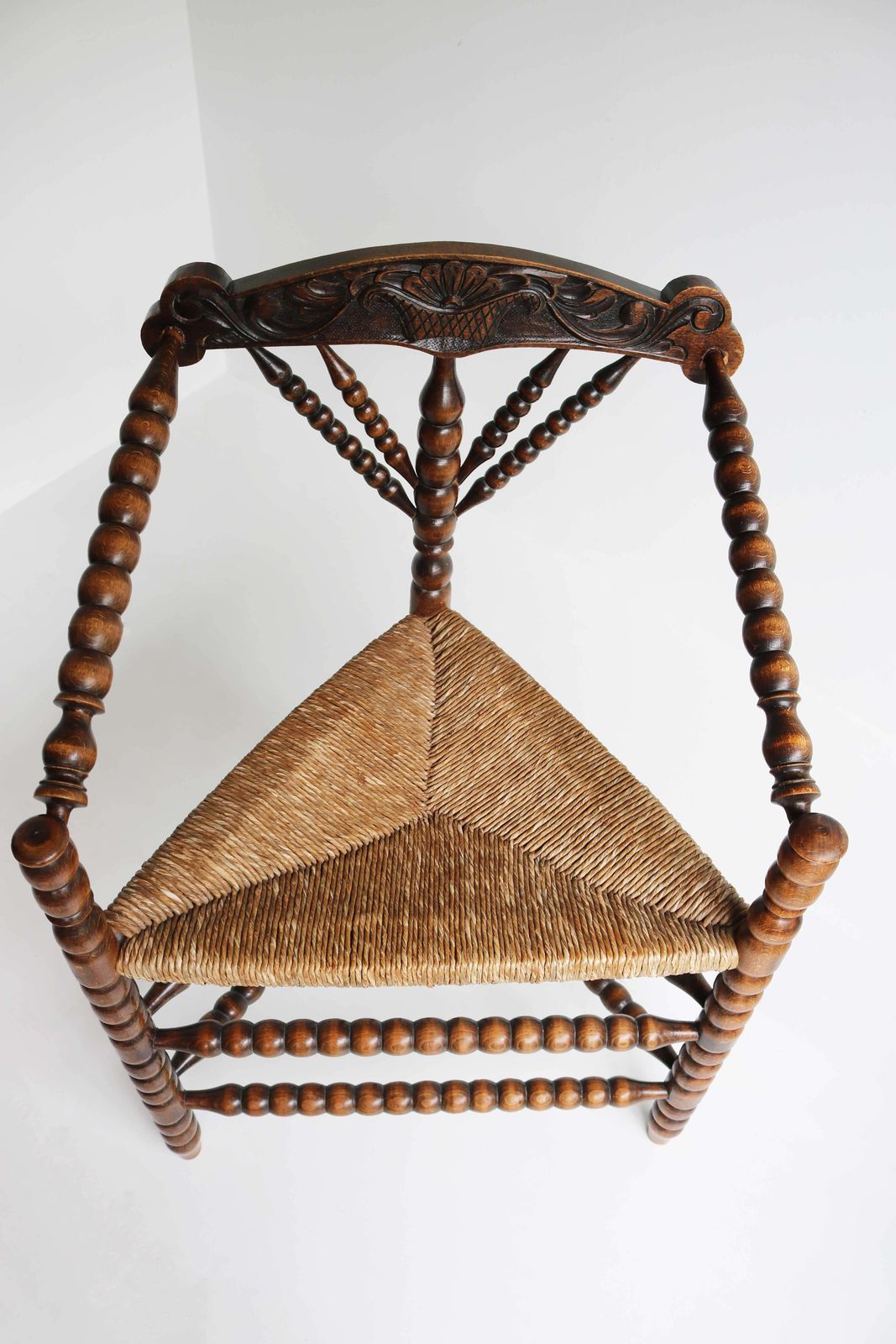 Antique Dutch Triangular Turned Bobbin Corner Chair Rush Seat Knitting Armchair photo buy