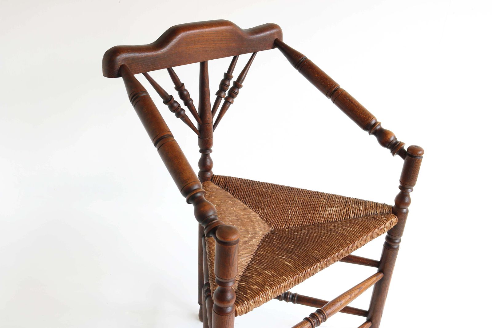 Antique Edwardian Style Triangular Corner Chair Rush Seat Knitting Armchair 1900 photo for sale