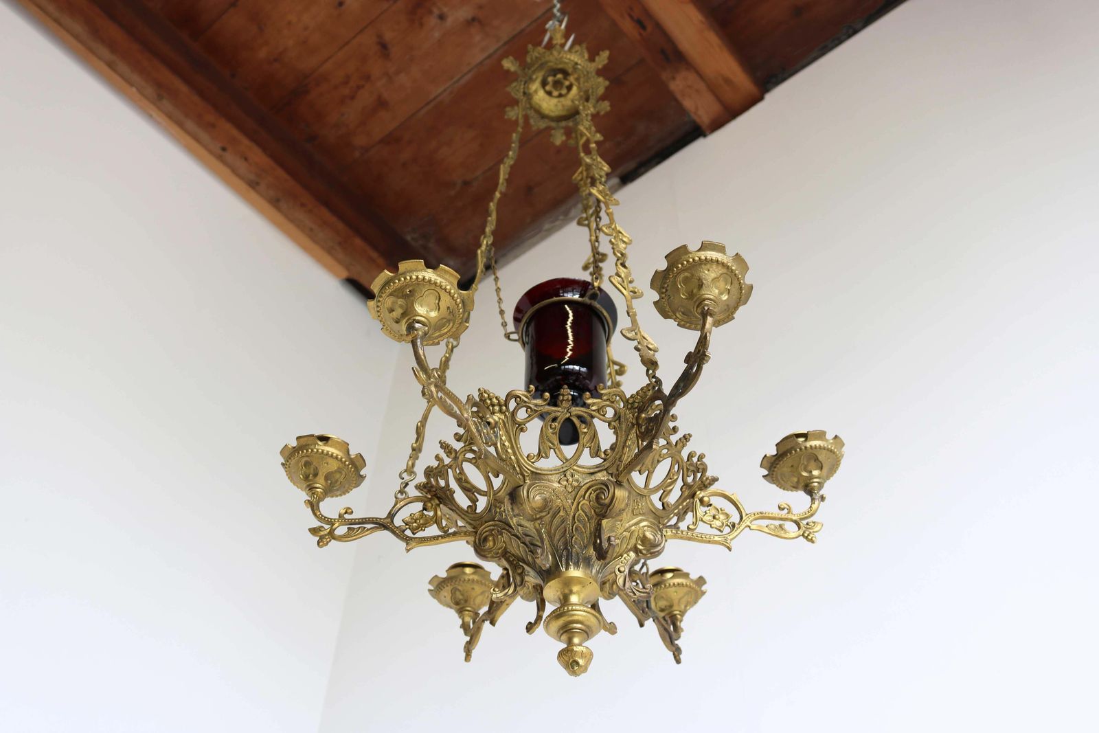 God Lamp / Church Chandelier Brass Early 20th Century Sanctuary Lamp Art Nouveau photo for sale