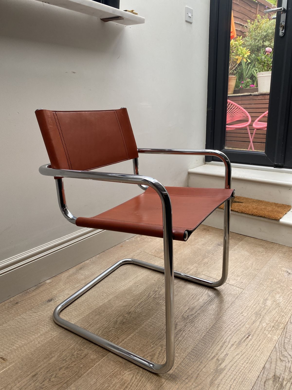 Mid Century Modern Tan Leather Cantilever Chair,  Mart Stam S34 Style 1970s